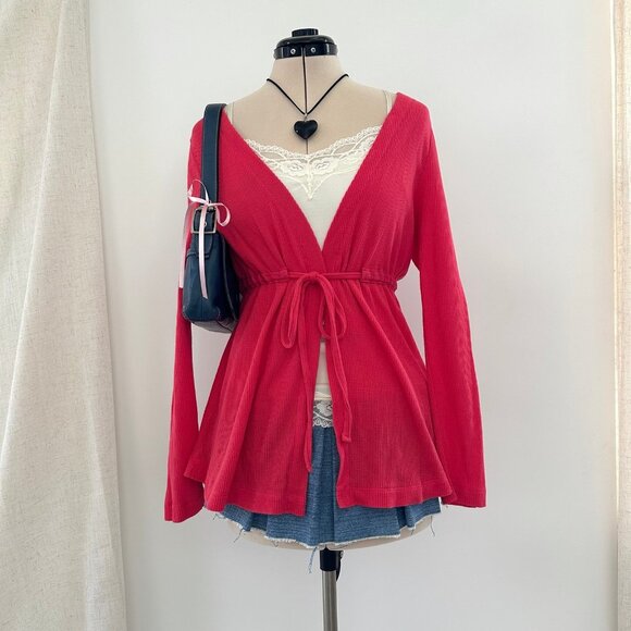 Y2K Old Navy Pink Tie Babydoll Cardigan Sweater Small Preppy Knit Top V-Neck - Picture 1 of 9